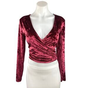Planet Gold Red Velvet Velour Holiday Long Sleeve Wrap Tie Blouse Crop Top Sz M